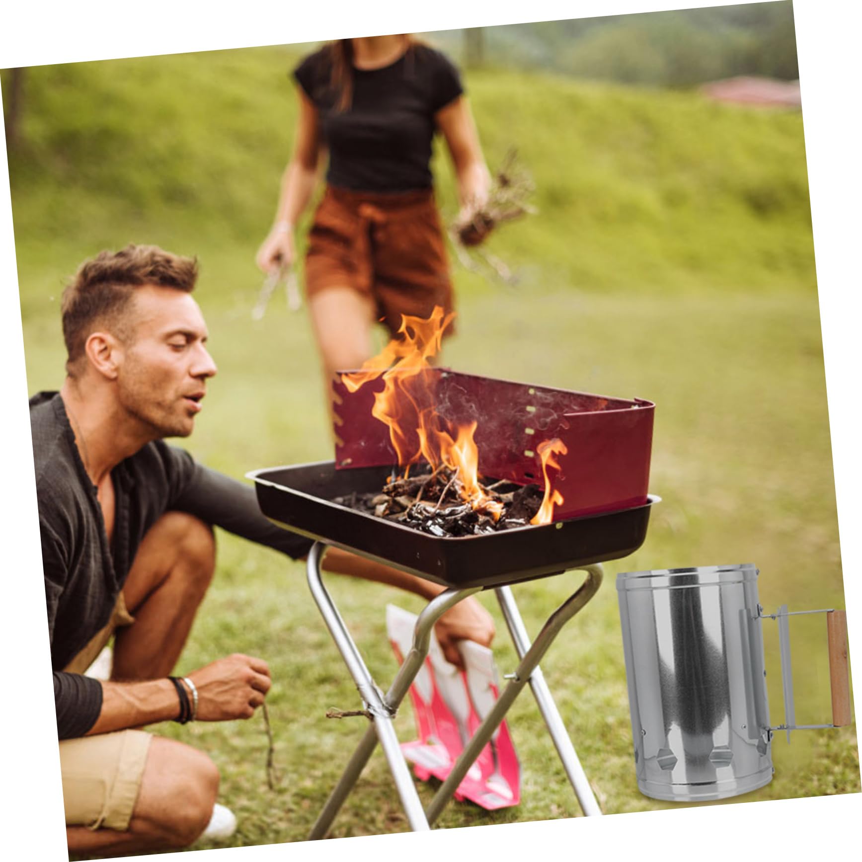Accenditore Carbone Barbecue in Alluminio Argento Base Ampia | Avvio Rapido della Brace, Prese D’aria Integrate, Adatto per Viaggi e Uscite di Pesca