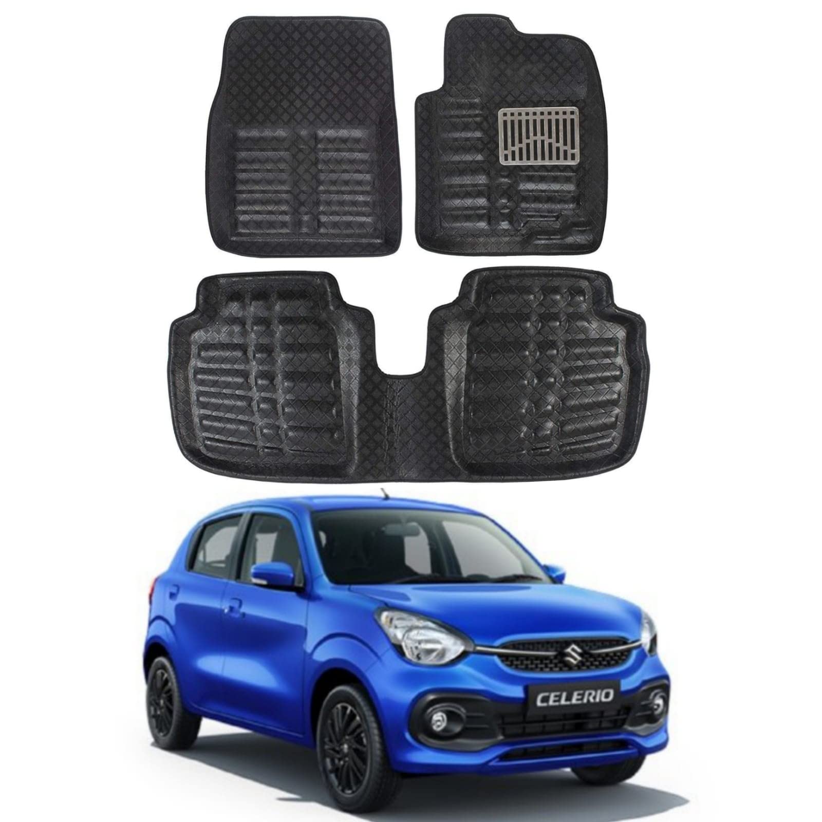 DS ENTERPRISE 4D Car Floor Mats Foot Mat Compatible for Maruti Suzuki Celerio 2021 and Above Models - Black Colour (Pack of 3)