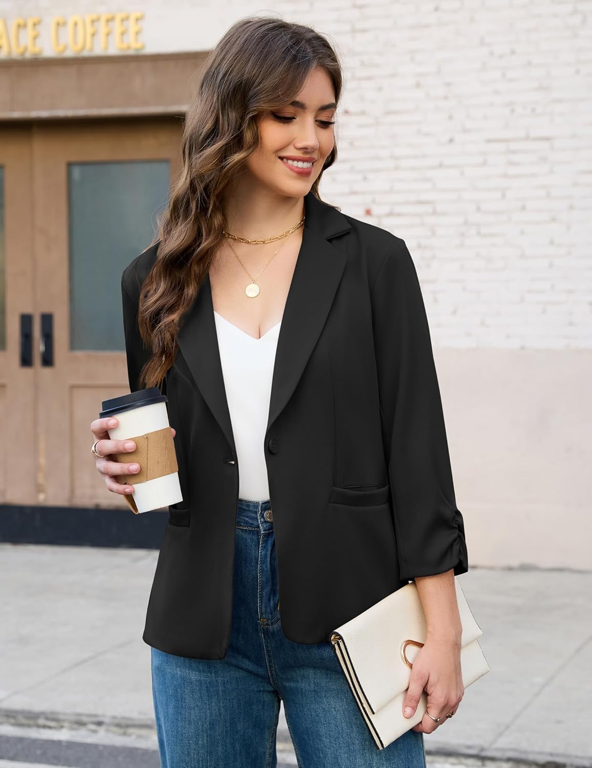 AGSEEM Women's Ruched 3/4 Sleeve Blazers 2026 Business Casual Lightweight Slim Fit Work Office Suit Jacket with Fully Lined - Image 2