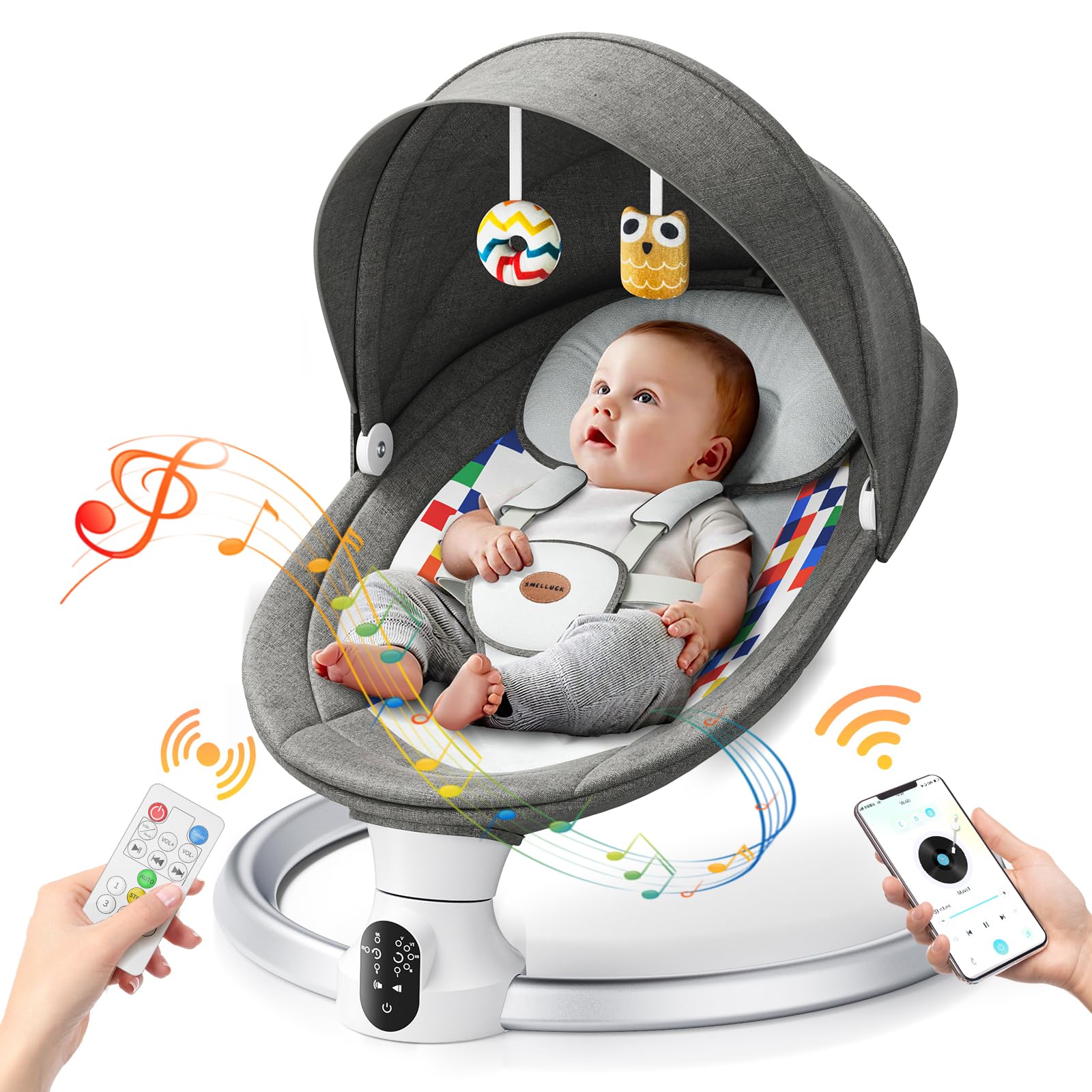Baby Swings for Infants - Exclusive App & Bluetooth Function, Electric Baby Swing with 5 Point Harness & 5 Sway Speeds, 10 Preset Lullabies, Portable Infant Swing for Indoor/Outdoor(Dark Gray)