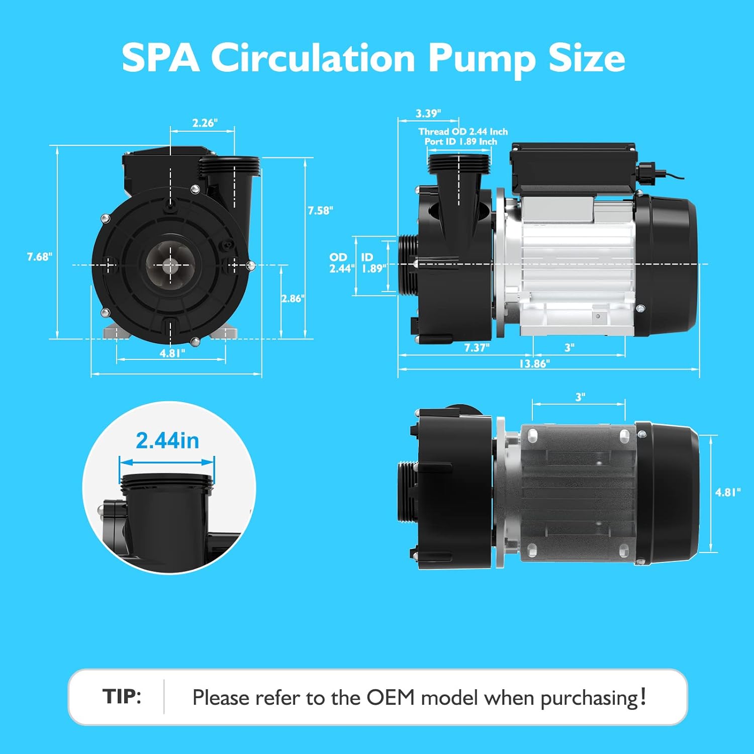 Hot Tub Circulation Pump, LX SPA Pump Motor, 0.35HP, 230V,1.5" Port (WTC50M-Long Snout)