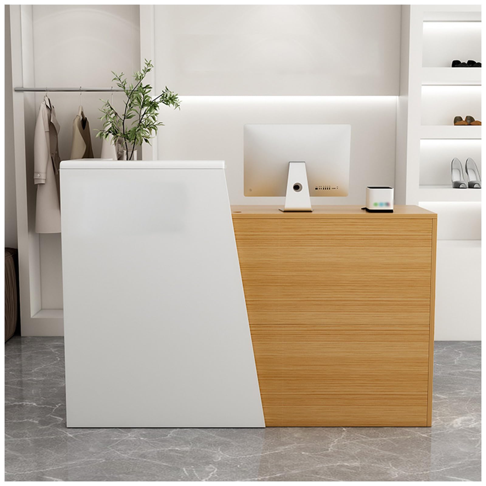 Recepcja detaliczna z nowoczesną kasą fiskalną Sto do sklepów, odporna na zarysowania, łatwy montaż, idealna do salonów, butików i kawiarni 3140 x 420 x 100 cm