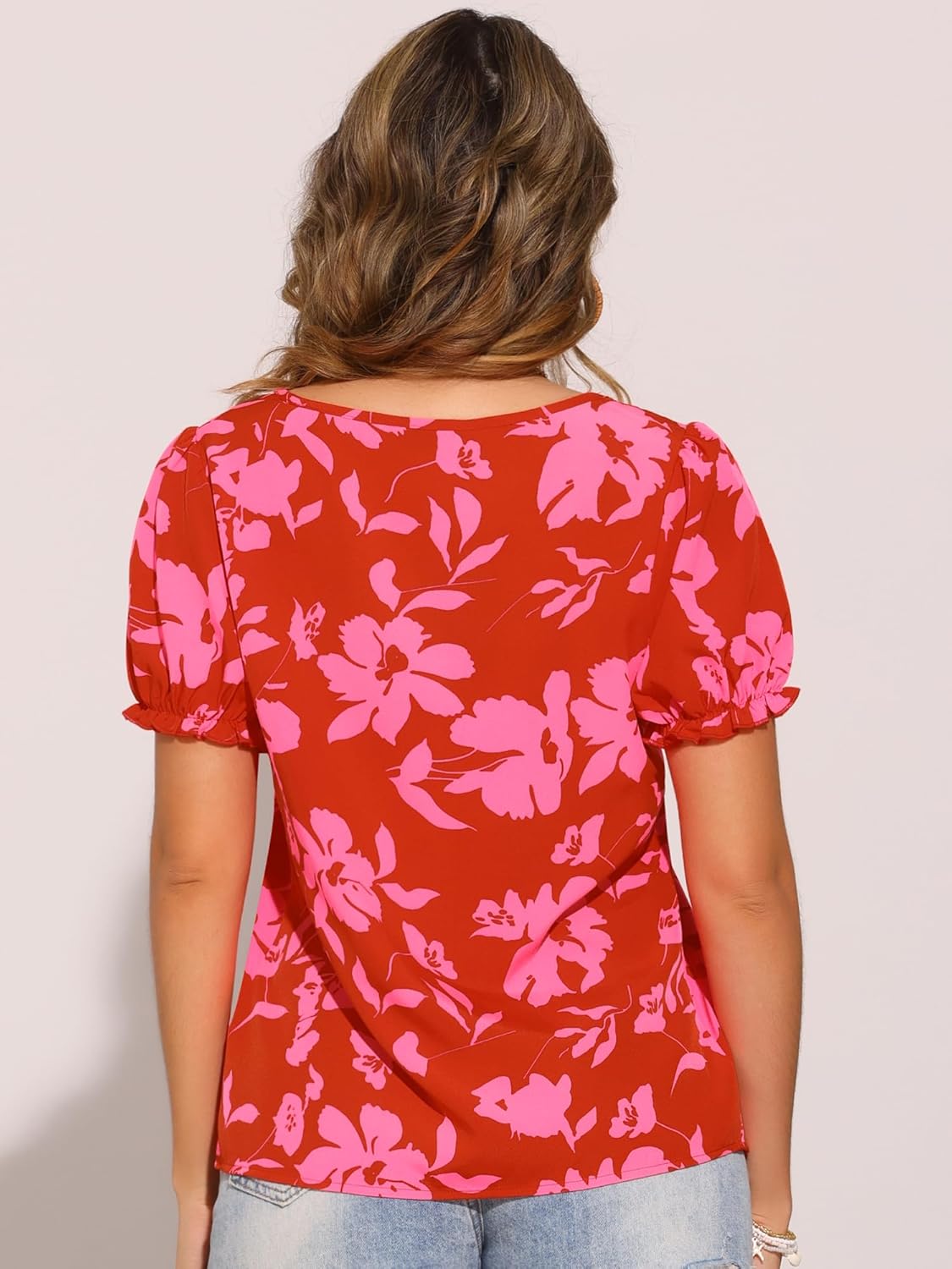 Allegra K Floral Blouse for Women's Square Neck Tops 2024 Summer Casual Puff Short Sleeve Blouse - Image 3