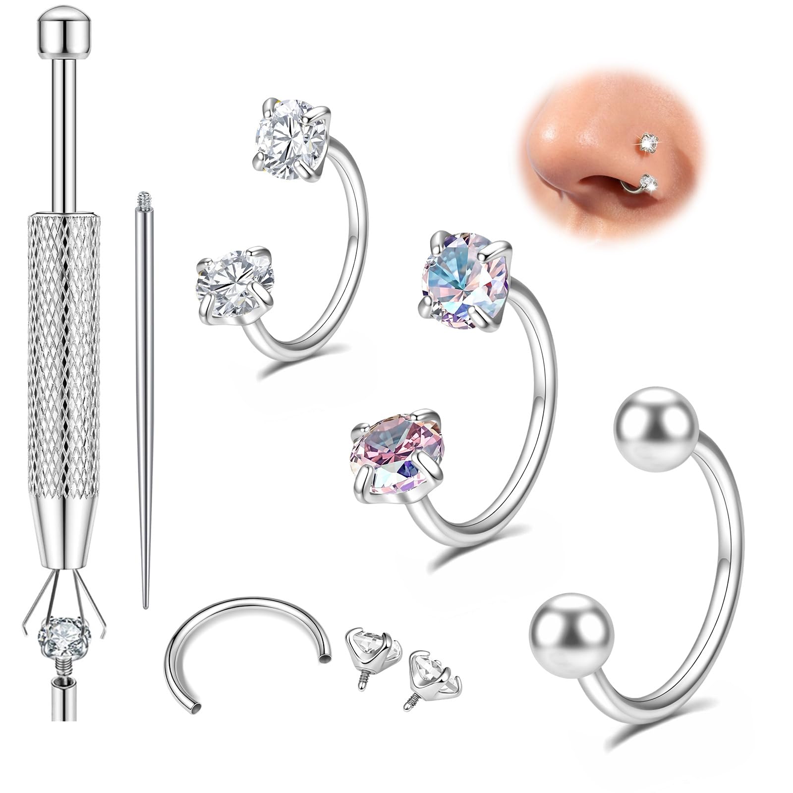 View 1 of [USED] DAILI Horseshoe Nose Ring 20G, Surgical Steel Double Gem CZ Septum Ring for Women Men Small Hoop Lip Silver Gold Cartilage Helix Tragus CZ Earring Hoops Labret Piercing Jewelry 7mm 8mm 9mm (Silver-1)