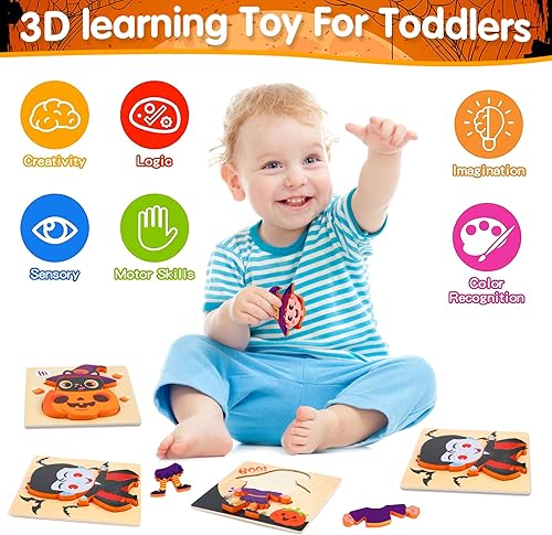 Miniatura 4 de Rompecabezas de madera de Halloween para niños pequeños, paquete de 4 rompecabezas de madera de bruja fantasma calabaza para niños, relleno de