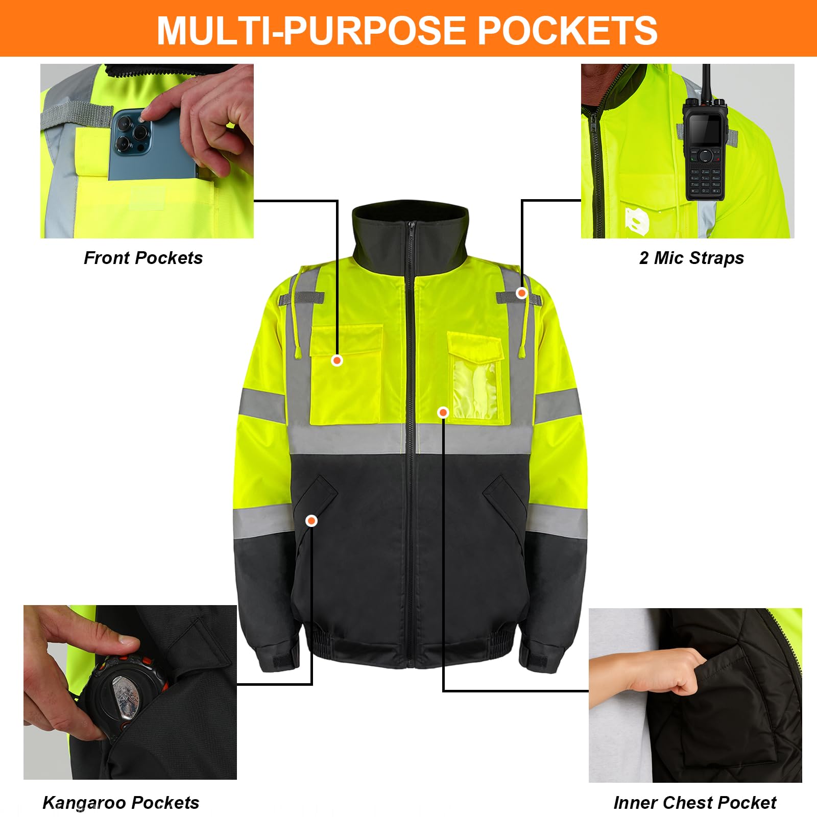 HYCOPROT Chaqueta de Seguridad para Hombre Chaqueta Bomber Reflectantes de Alta Visibilidad Cremallera Impermeables con Bolsillos Chaquetas de Trabajo Invierno para Climas Fríos Normas EN ISO 20471