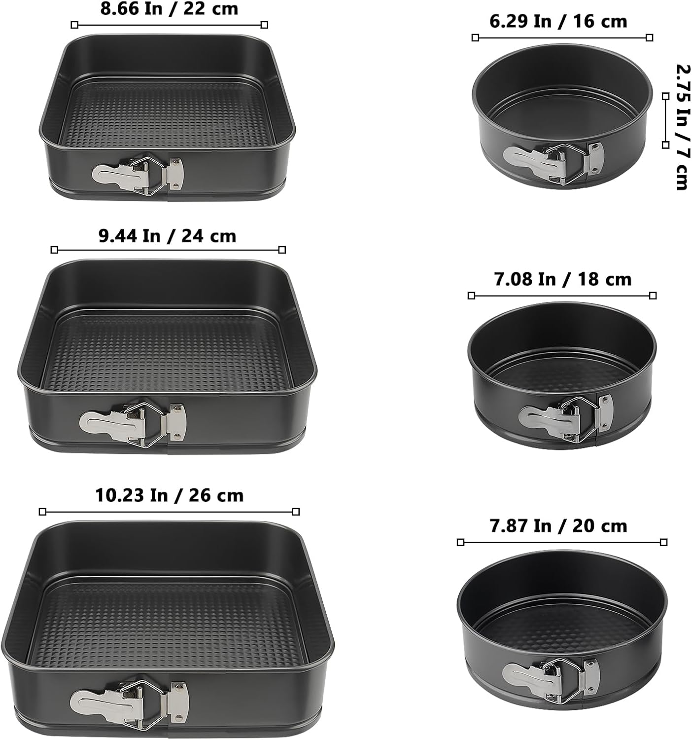 Set of 6 Springform Cake Tins Round and Square, 3 Round Cake Tins and 3 Square Baking Moulds, Springform Cake Tin with Lifting Base, Non-Stick Round Baking Mould for Cakes, 16 cm, 18 cm, 20 cm image 2