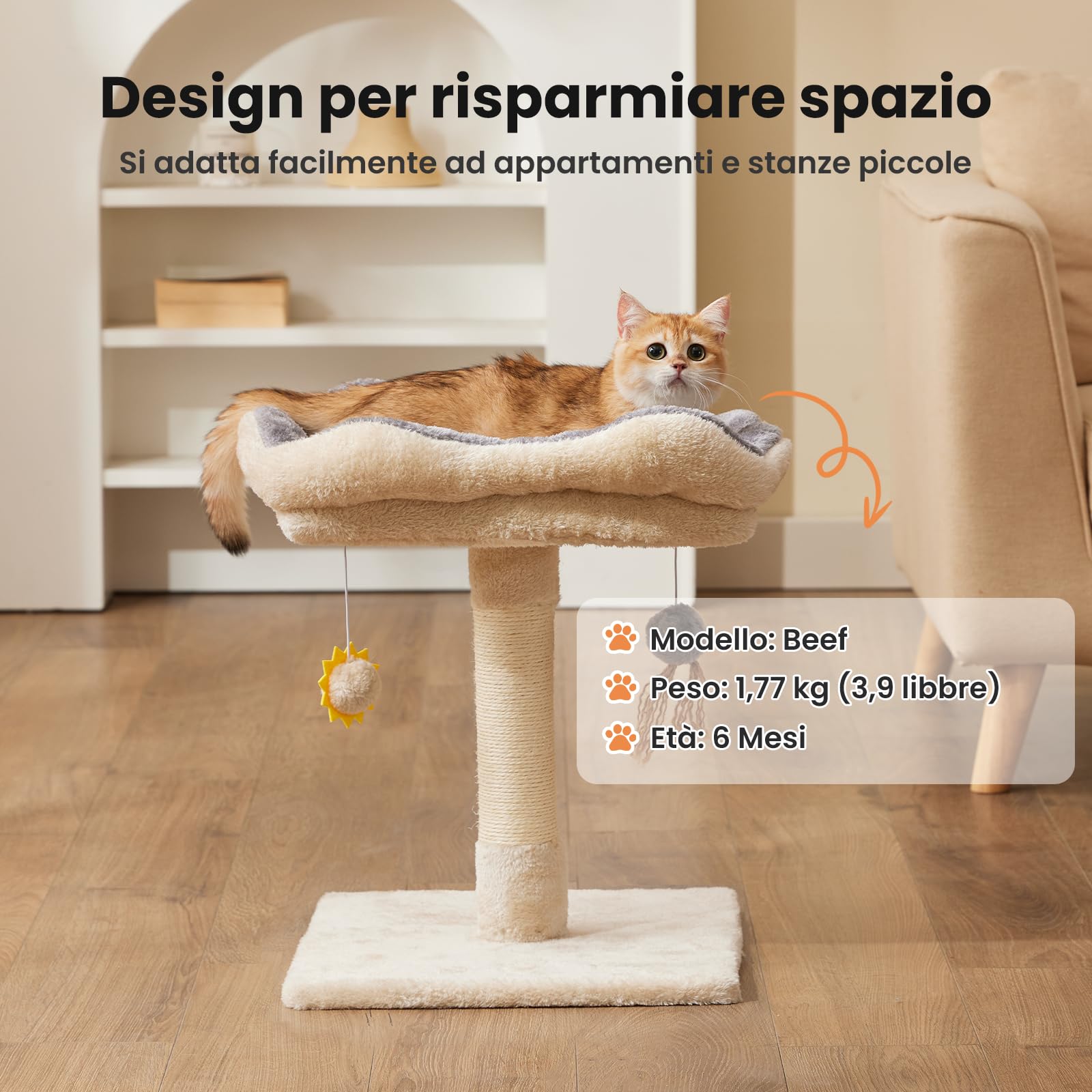 Basics - Albero Tiragraffi Per Gatti E Gattini Da Interni A Forma Di Cactus,Colonna Tiragraffi Con Piattaforma Curva E Accogliente Condominio, Pallina Oscillante Interattiva,Altezza 78cm,Verde