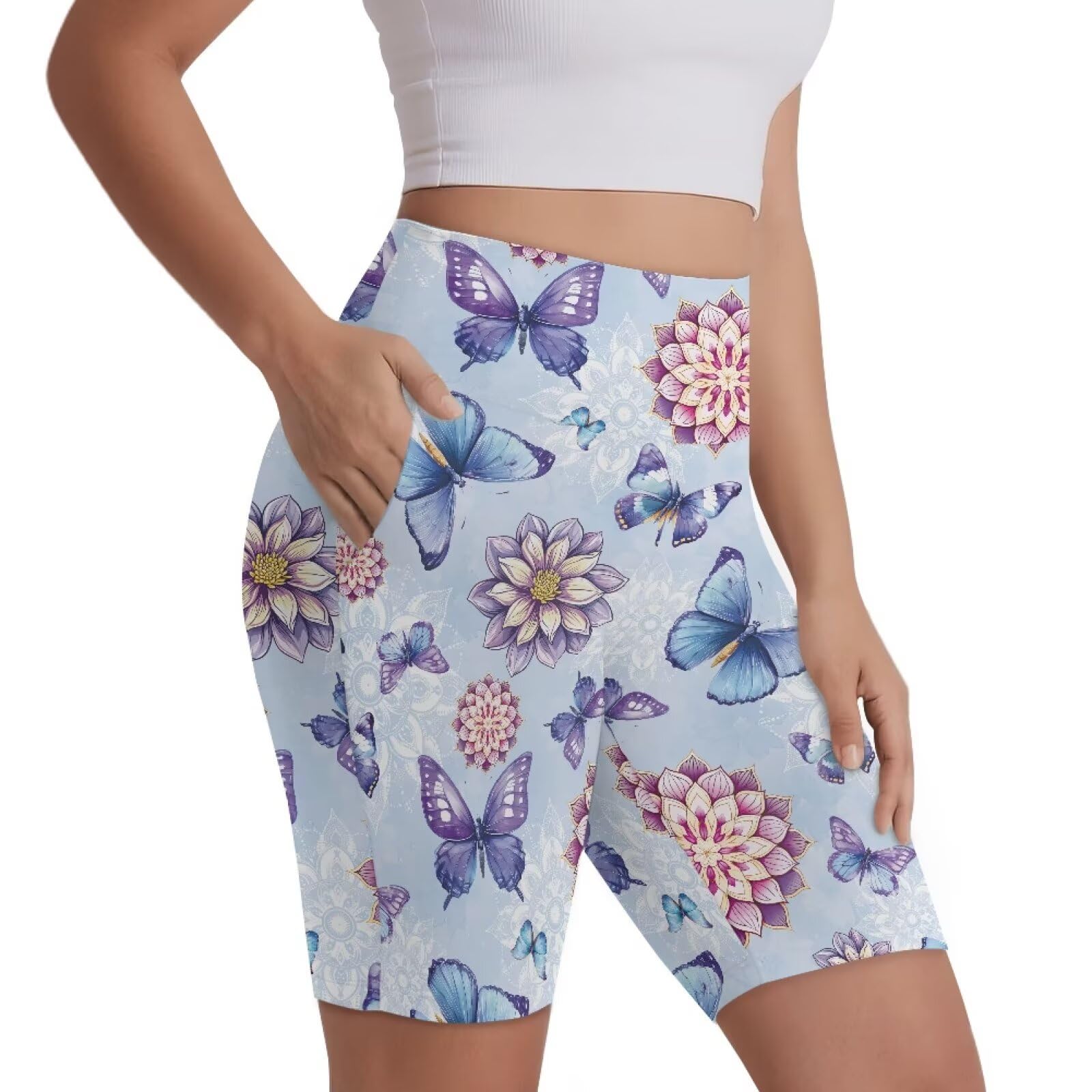 NRBEAWD Women's High Waisted Cycling Shorts Boho Flower Butterfly Shorts Tummy Control Non See Through Workout Athletic Running Yoga Leggings with Pockets