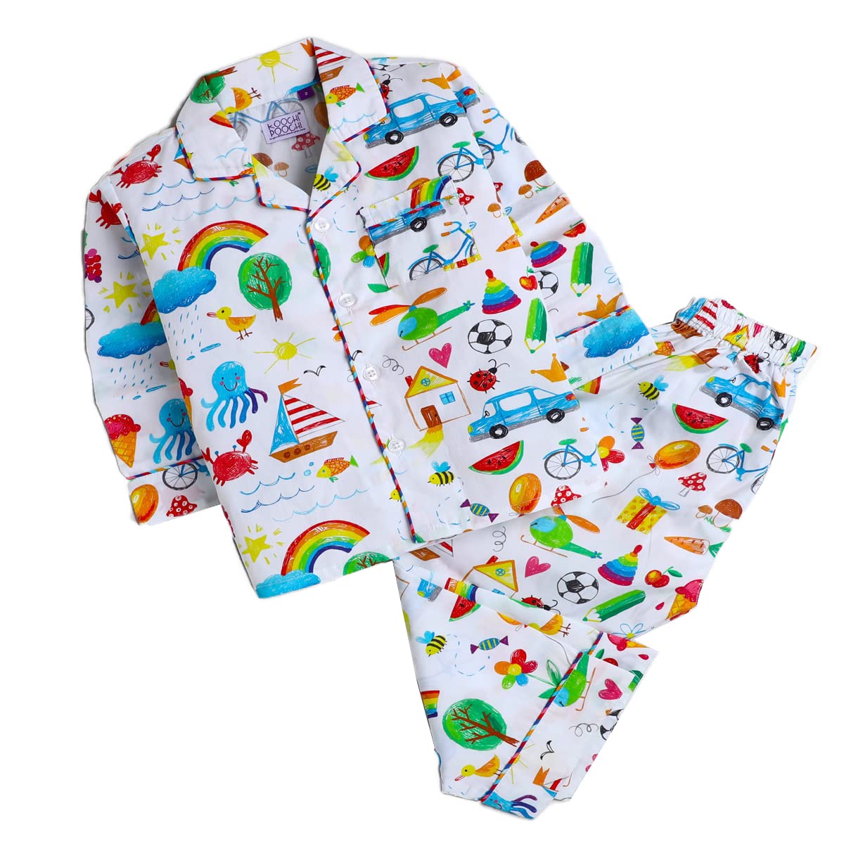 KOOCHI POOCHI Kids Pure Cotton Printed Full Sleeves (Christmas) Night Suit for Boys and Girls Full Pyjama and Top Sleep Suit Combo Set