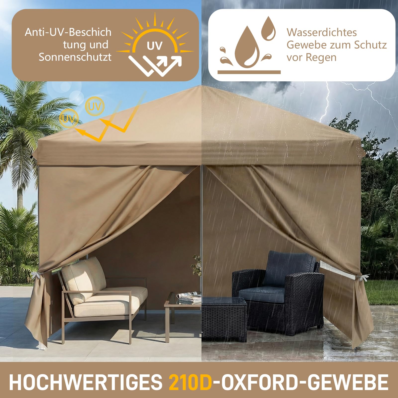 Pavillon 3x3m,One-Touch Faltpavillon,Wasserdicht,Winterfest,UV Schutz 50+,Gartenzelt,Partyzelt,mit 4 Seitenteilen,4 Sandbeutel,für Garten,Party,Camping (Khaki, 3x3m mit 4 Seitenwänden)