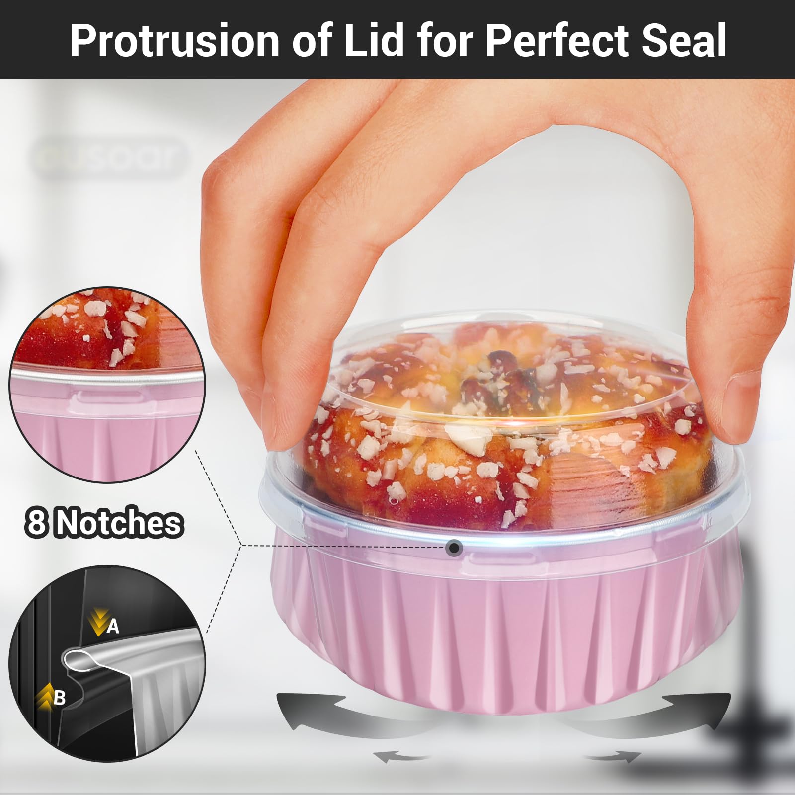Eusoar Lot de 100 ramequins jetables 125 ml avec couvercles, ramequins à crème brulee, en aluminium pour gâteaux, moules à gâteaux, moules à pâtisserie 125 ml, rose.