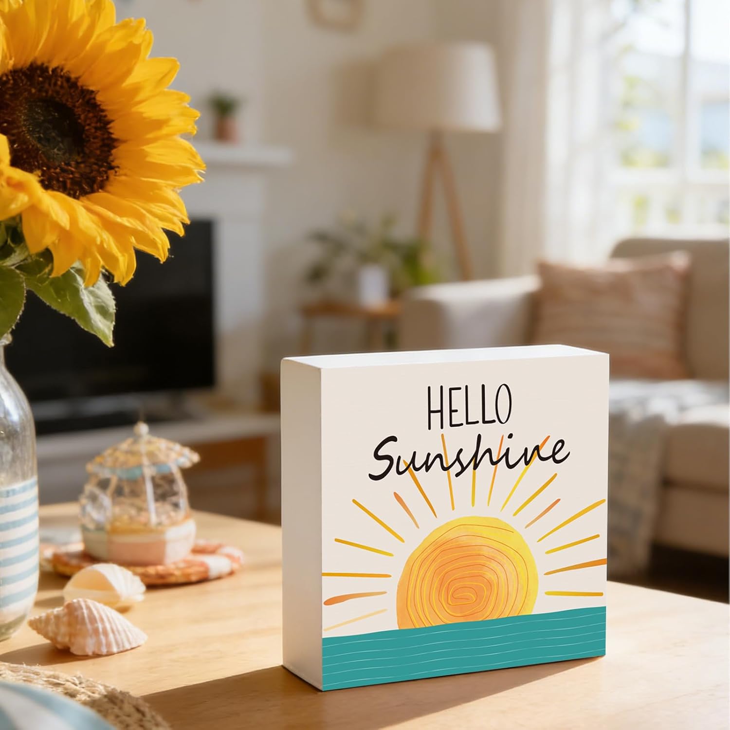 Summer Decor Summer Decorations for Home Indoor Hello Sunshine Table Decor Home Room Office Bathroom Wood Box Sign Rustic Wooden Shelf Desk Decor Season Sign House Warming Gifts 5.9 x 5.9 Inch - Image 7