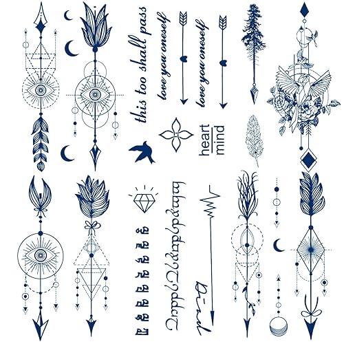 Miniatura 1 de Arrow - Tatuaje semipermanente, 6 hojas de larga duración de 1 a 2 semanas, tatuajes temporales, plumas de flecha, letras inglesas y pájaros,