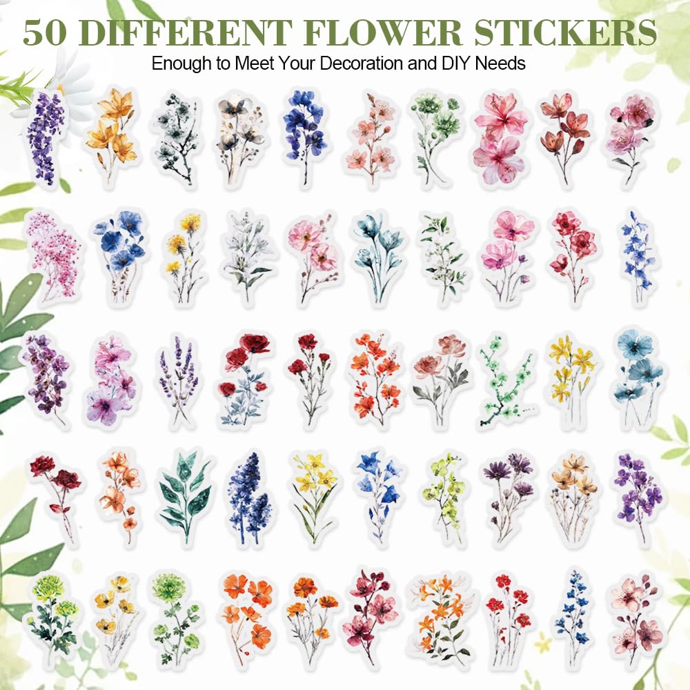 HMCEY 100 Piezas Pegatinas Flores Transparentes,Stickers Scrapbooking Flores,Journaling Stickers Aesthetic Bullet Journal,Pegatinas Decorativas Album Fotos para Planificador, Calendario, Cuadernos — view 3