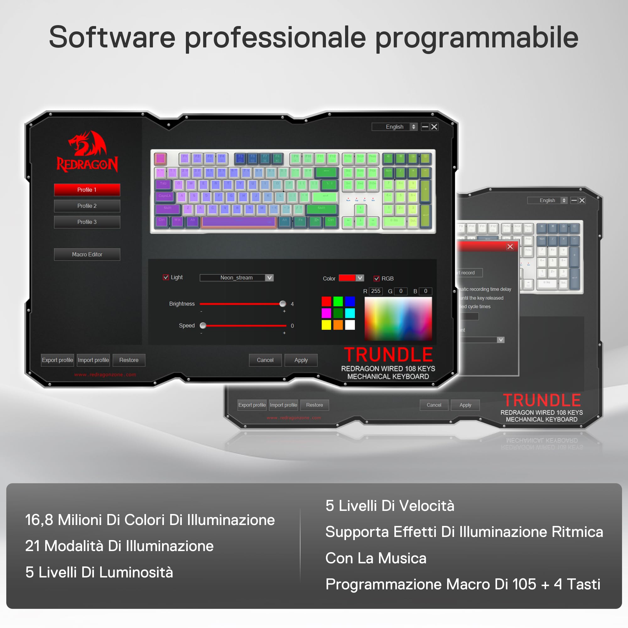Redragon K668 RGB Tastiera Gaming Meccanica Cablate 109 Tasti Hot-Swappable Interruttori Rossi QWERTY Italiano