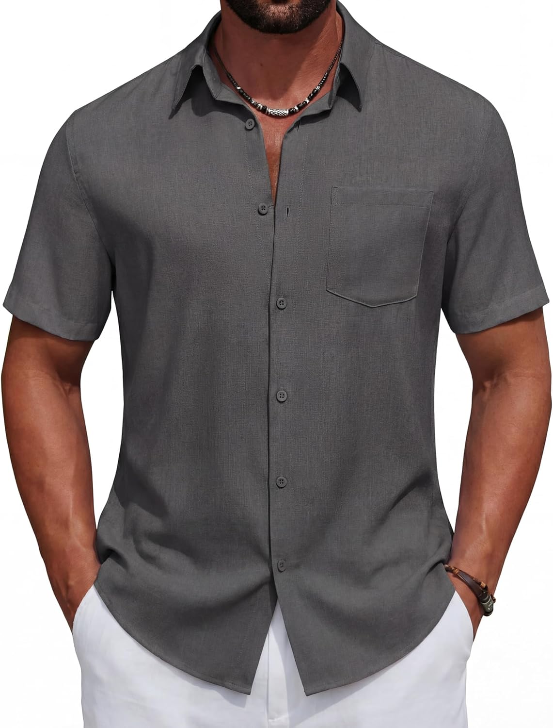 COOFANDY Men's Short Sleeve Casual Button Down Shirts Summer Beach Wedding Textured Linen Shirt for Men