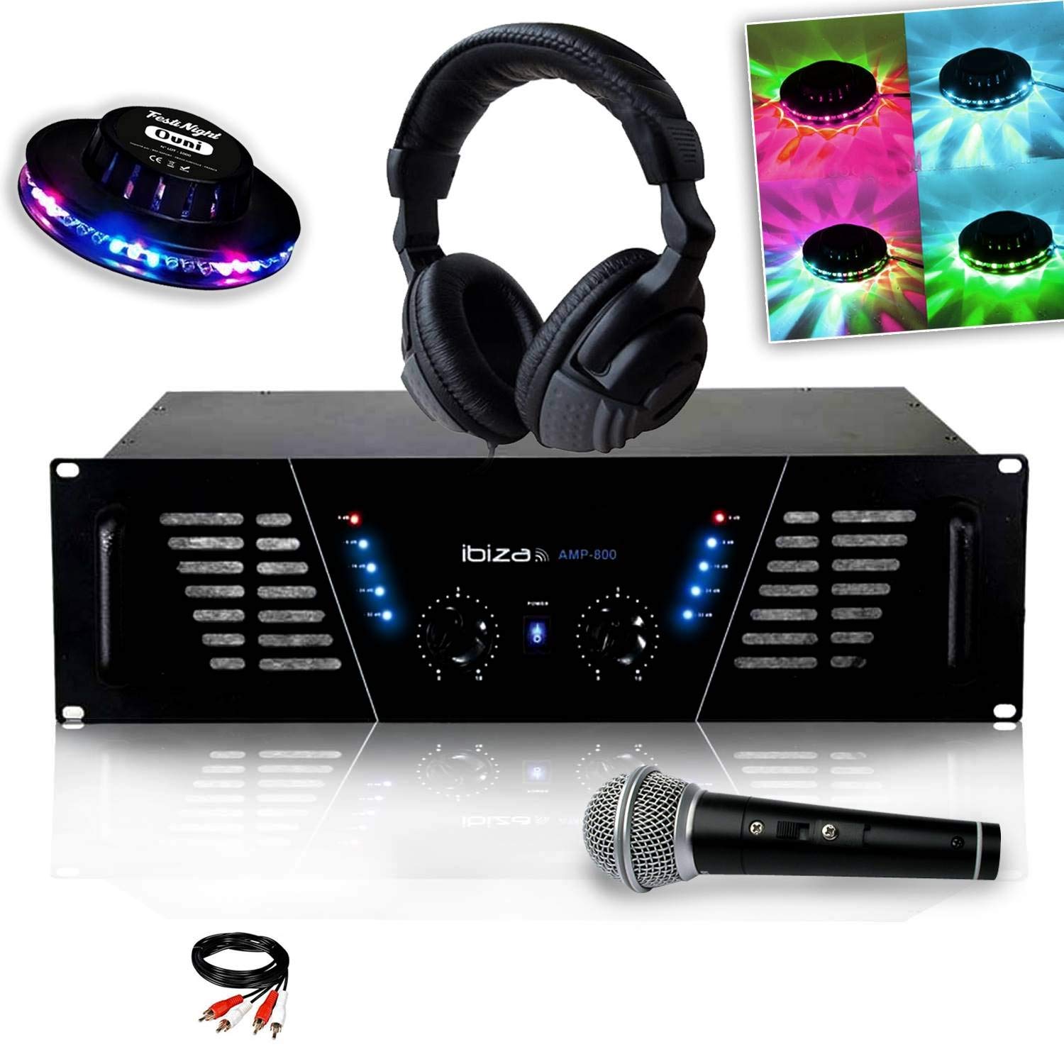 Amplificateur sono Dj 2 x 600W Max IBIZA SOUND AMP-800 + Effet UFO OVNI + Casque Audio + MICRO et Câble RCA
