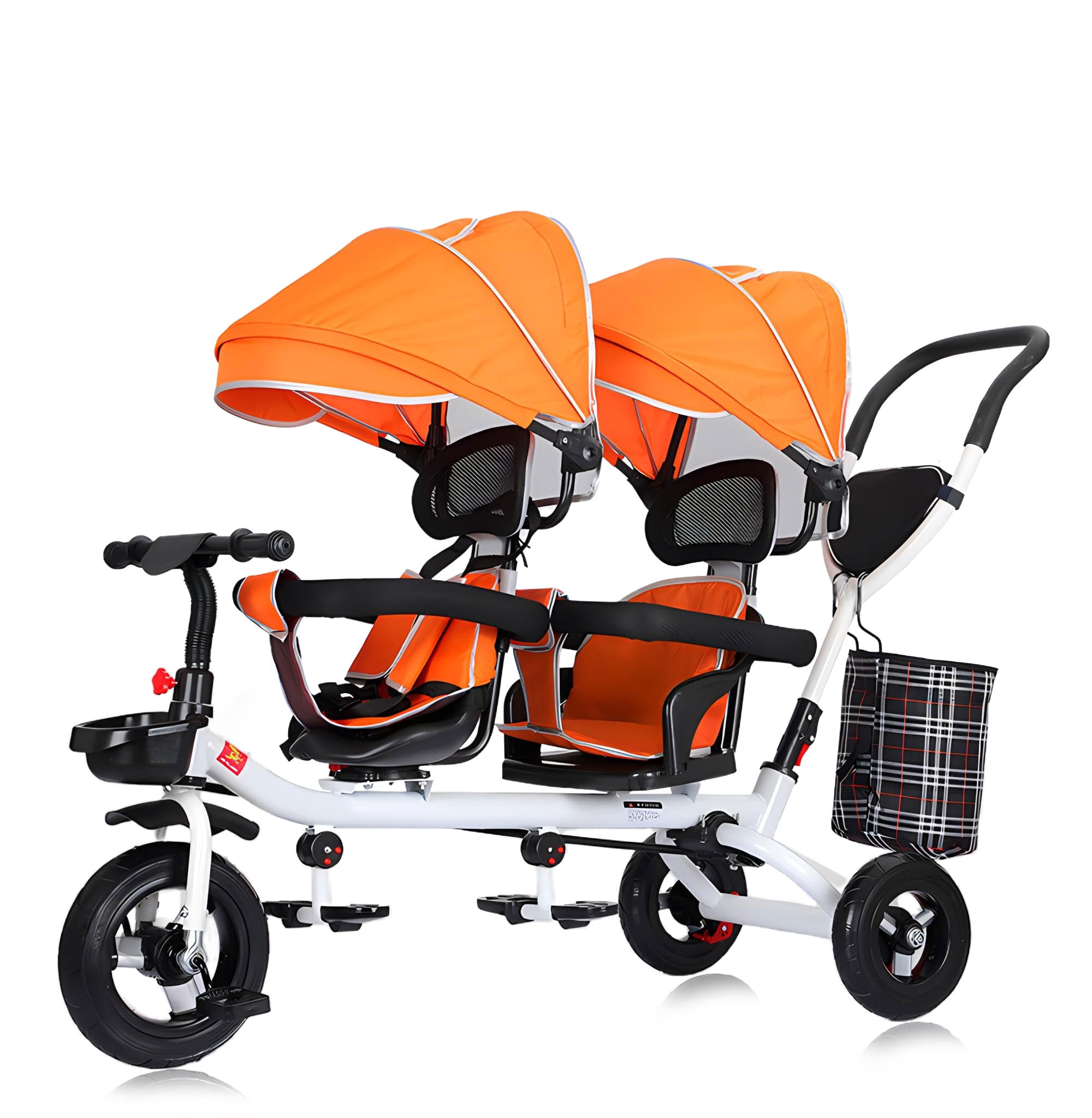 Kids Tricycle - 4 in 1 Double Seat Children'S Tricycle, Toddler Pushchair, Detachable Canopy, Folding Pedals, Reversible Seat, Removable Guardrail, Suitable for 1 to 6 Years Old Children,Orange