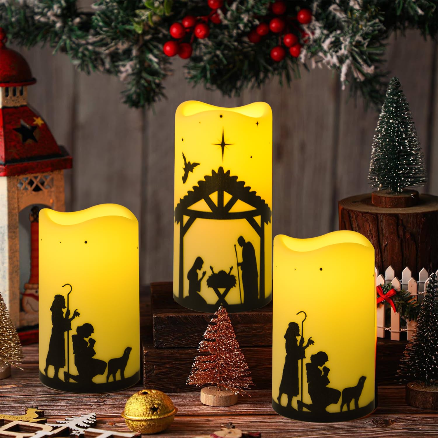 Oneihomm 5 Pack Christmas Flameless Candles with Timer, Nativity Scene