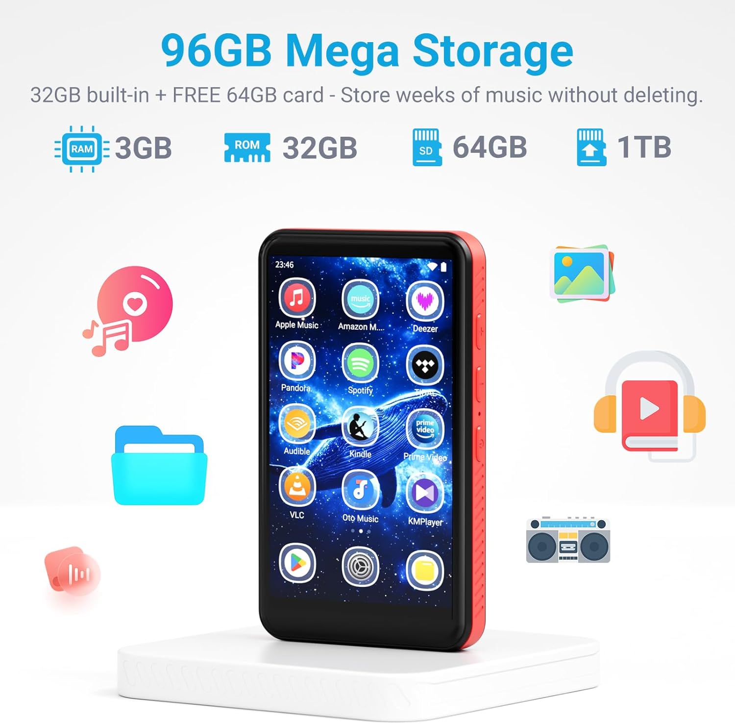 MECHEN 96GB High-Capacity Android MP3 MP4 Player, 4" Touchscreen, Bluetooth + WiFi, Built-in Speaker, Supports Spotify, Amazon Music, Pandora, Audible, Google Play Store Enabled 3