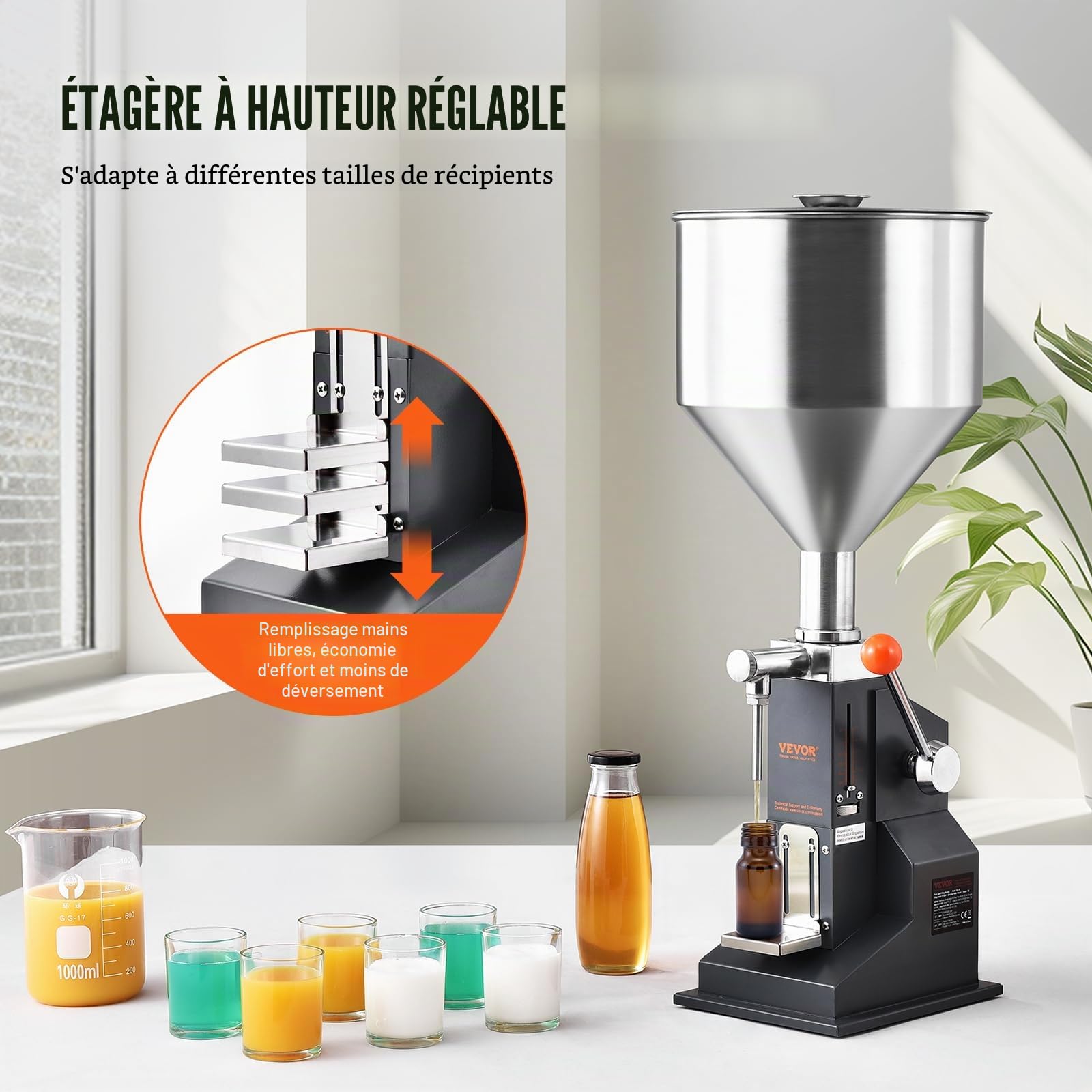 VEVOR Machine de Remplissage de Liquide Pâte Manuelle 5-50 mL Remplisseuse de Bouteilles Réglable Acier Inoxydable avec Trémie pour Lait, Eau, Jus, Huile Essentielle, Shampoing, Miel, Crème Cosmétique