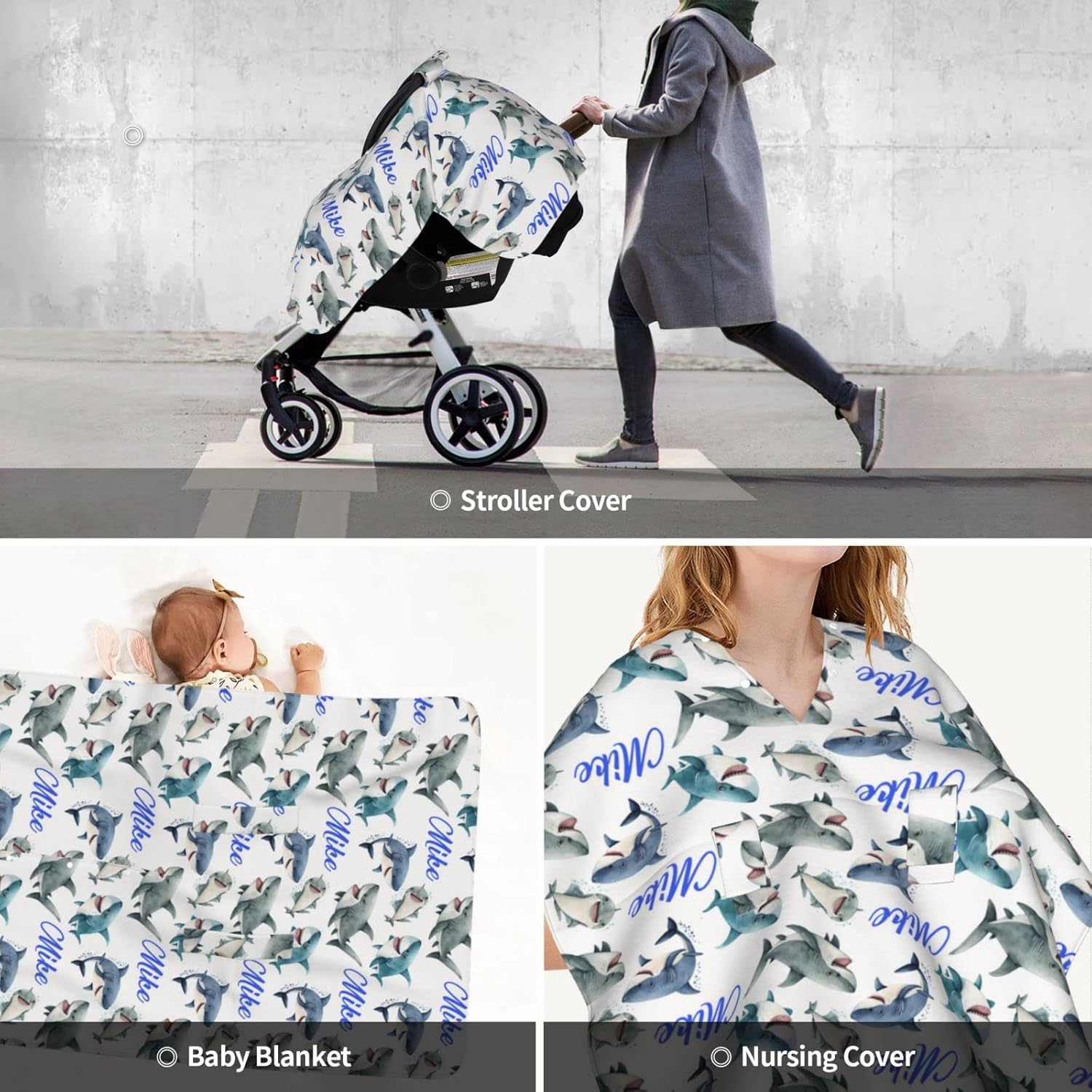 Personalized Baby Car Seat Canopy for Babies with Name, Custom Car Seat Covers for Boys Girls, Infant Opening Minky Nursing Breastfeeding Stroller Cover Carseat Canopies for Newborn (Shark)