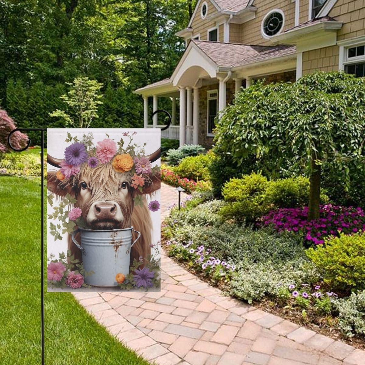 Highlands Cow and Flowers Festival Garden Flags for Outside 28 x 40 Inch Large Double Sided Yard Flag