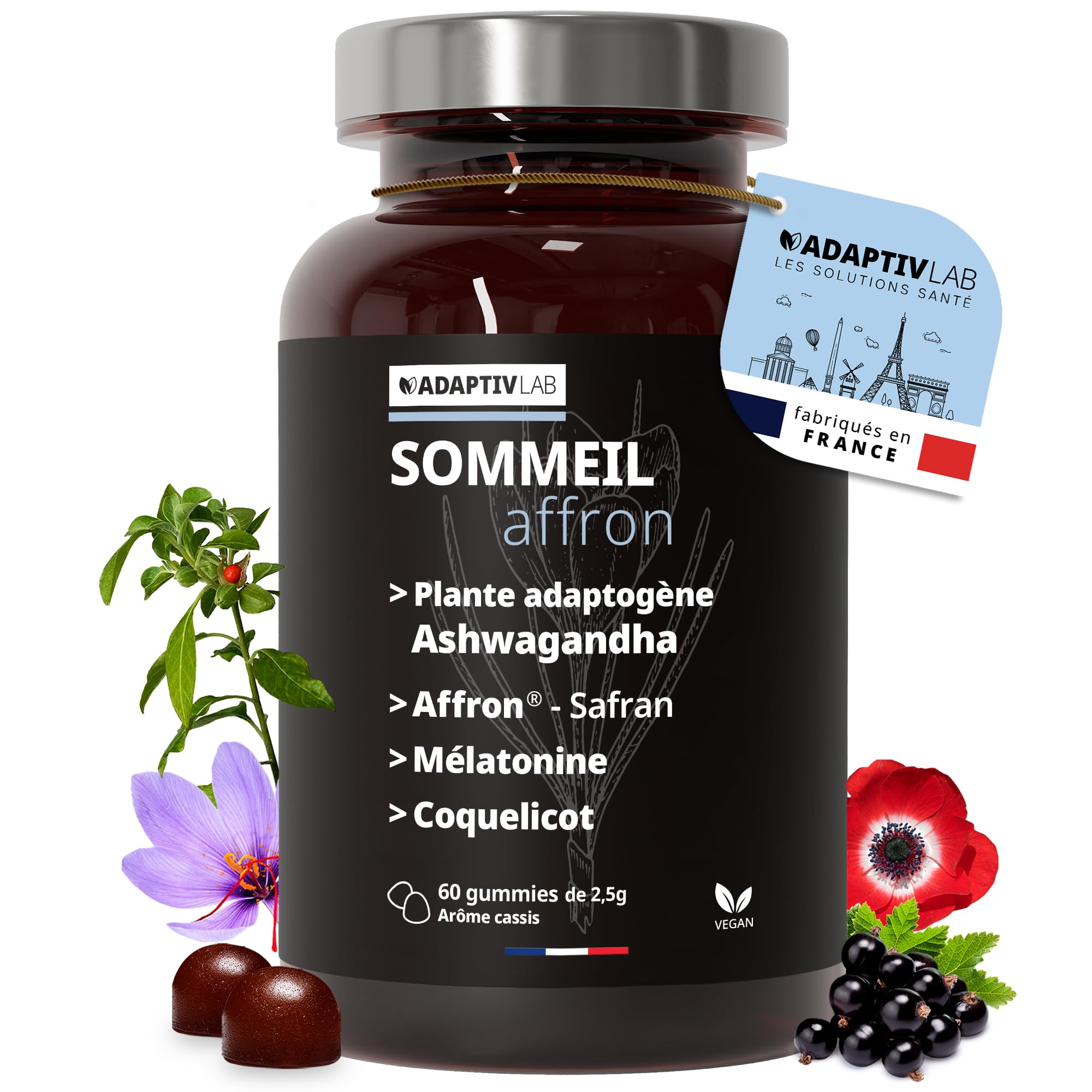 AFFRON - 60 Gummies Sommeil - Vegan et Végétarien Arôme Cassis Complement Alimentaire Adulte con Ashwagandha et Melatonine 1,9 mg Fabrique en France