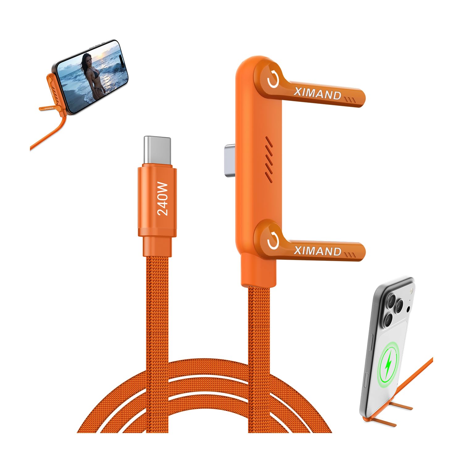 Invisible Holder Charger Cable, 240W Fast Charging Cord, USB-C to USB-C Cable 1.5 M/4.9 FT with 360° Adjustable Metal Stand, 2 in 1 Holder Charger for Gaming, Office, Home, 1 PACK, Orange-image-36