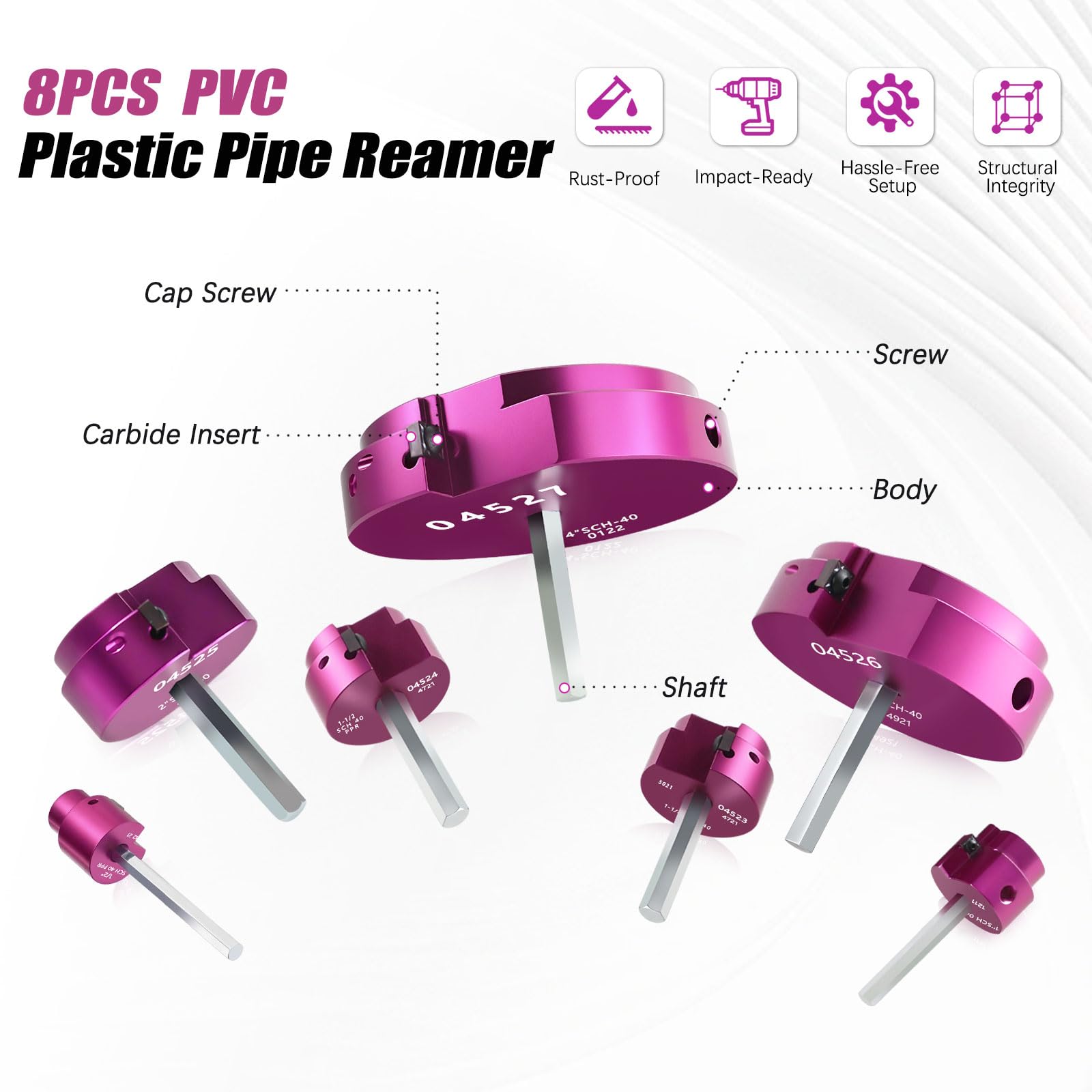 Kit de escariador de tubos de PVC de alta calidad, juego completo de escariador, se adapta a taladros estándar de 1/2 pulgada, incluye P3/10.2 cm, 1/5.1 cm, 2.5 cm, 1-1/10.2 cm, 1-1/5.1 cm, 5.1 cm