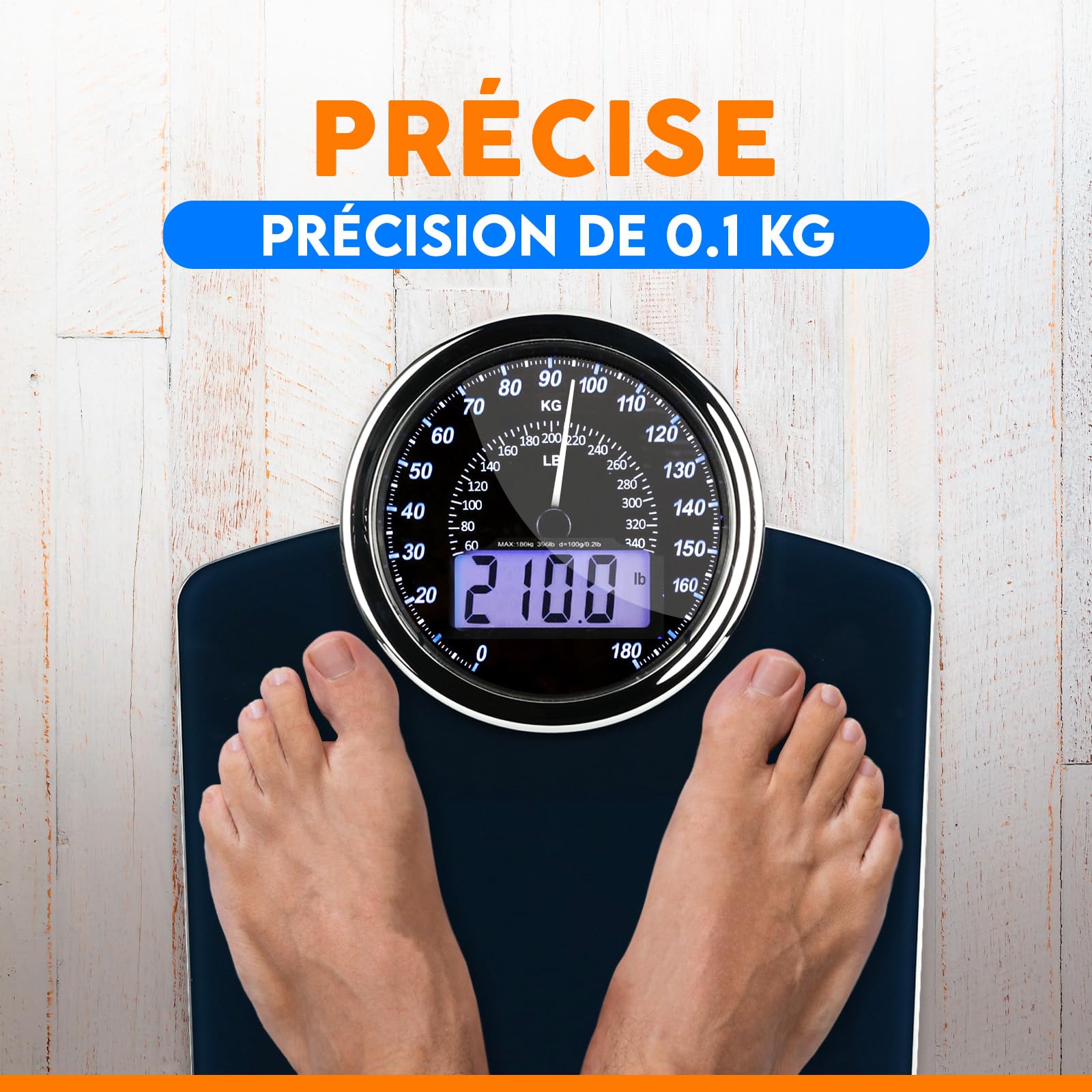 ZENO Pèse-personne Hybride 2-en-1 Digital et Analogique 180 kg Verre trempé Grand écran Bleu foncé