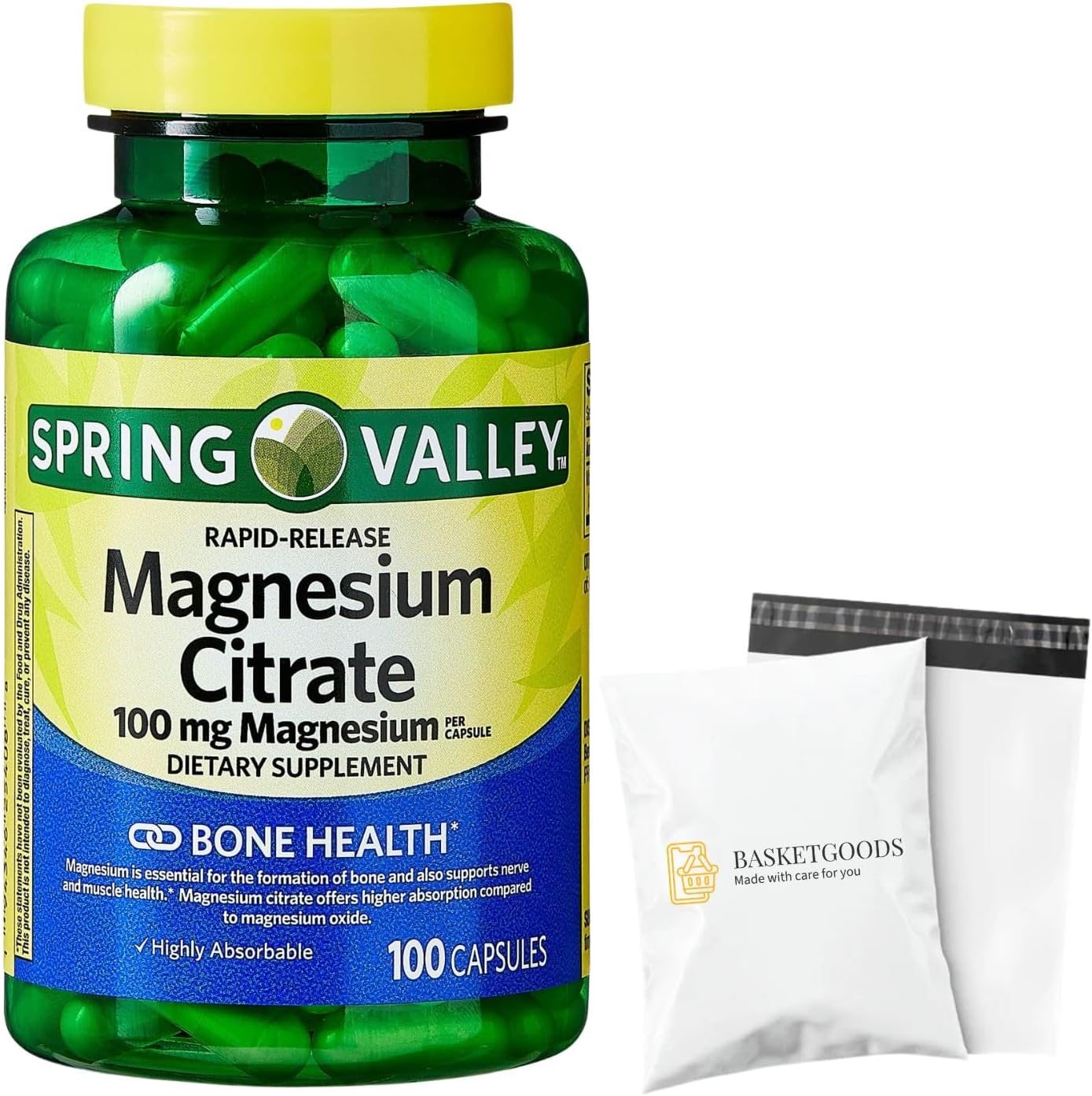 Spring Valley Magnesium Citrate | Citrato de Magnesio 100mg Capsules | Best Magnesium Supplement for Women | Magnesium Pill | 100 mg, 100 Capsules - Set by Basket Goods
