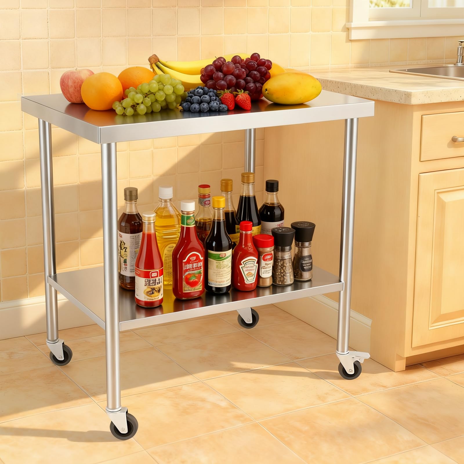 Tavolo da lavoro in acciaio inox, 76 x 60 x 85 cm, con ruote, tavolo da cucina per la preparazione degli alimenti, tavolo da gastronomia con portata di 300 kg, per ristoranti e hotel (4