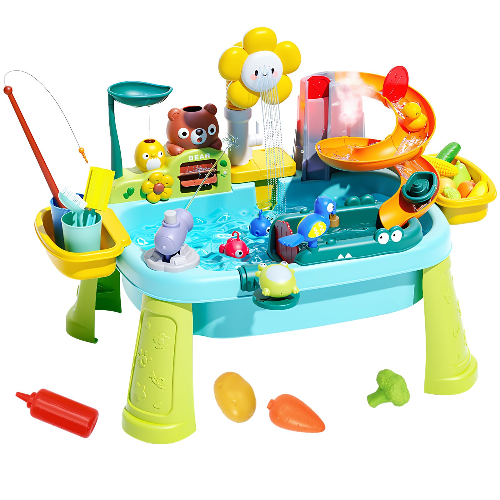 3 in 1 Tavolo Acqua Bambini con Ciclo dell’Acqua Set Lavello da Cucina, Kit da Cucina Giocattolo per Bambini con Pesca e Giochi d’Acqua, Cucina Giocattolo per Bambini dai 3 Anni in Su (verde)