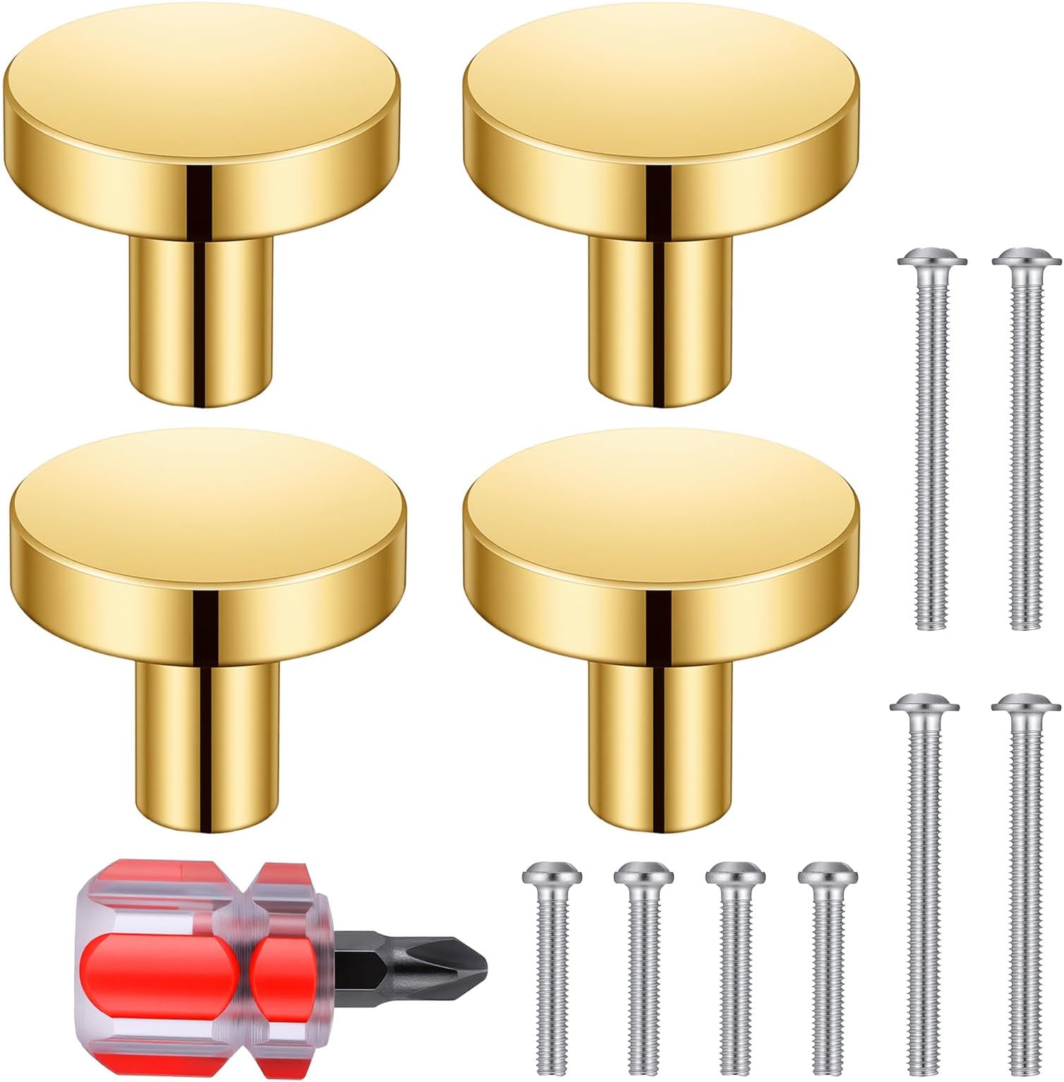 4 PCS Gold Cabinet Knobs, Solid Brass Brushed Cabinet Knob Round Modern Minimalist Furniture Hardware for Dresser Drawer Cupboard Furniture Closet Wardrobe Door Knob Handles, With Screwdriver