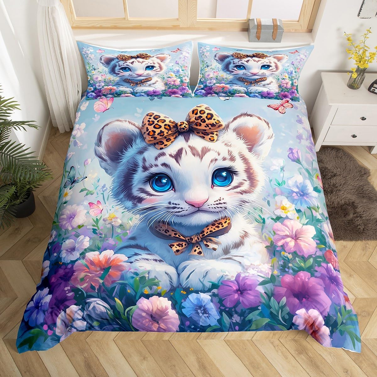 Cute White Tiger Bedding Set Toddler Size,Leopard Print Bowknot Lovely Wild Animal Duvet Cover for Kids Girls Teens,Watecolor Flowers Garden Butterfly Comforter Cover with 1 Pillowcase,No Comforter