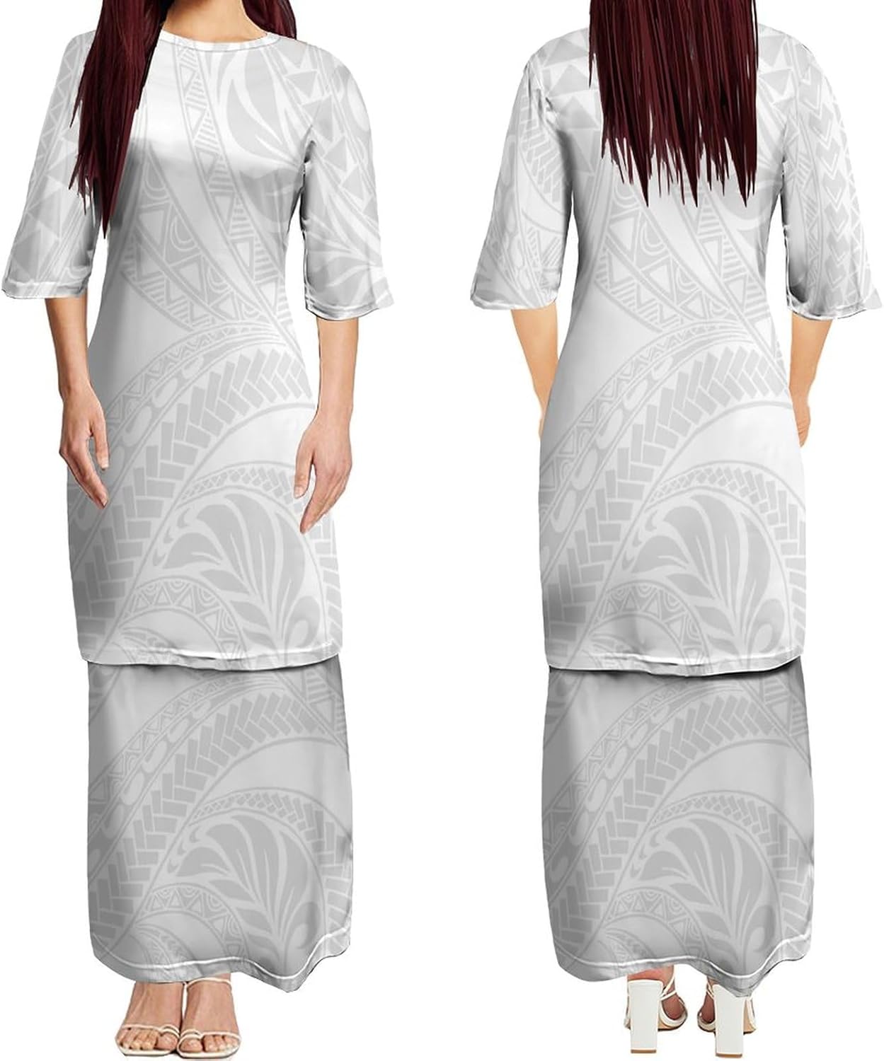 White Sunday Mother's Day Dress Puletasi Samoan Polynesian Island Lady Elegant Slim-Fit Half-Sleeve Dress