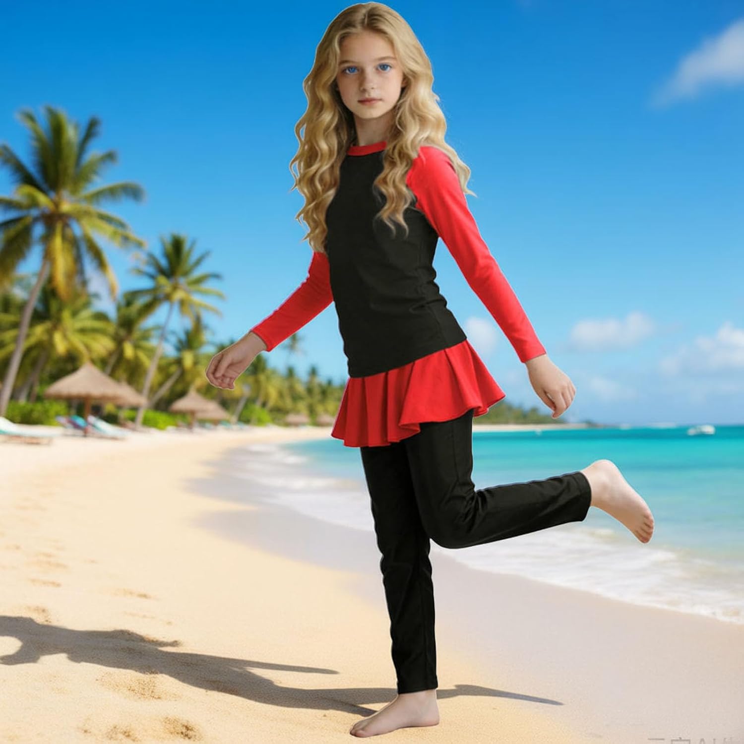 Girl Modest Long Sleeve Rash Guard Swim Set with Skirted Top and Pants Comfortable Two Piece Swimwear for Beach Pool
