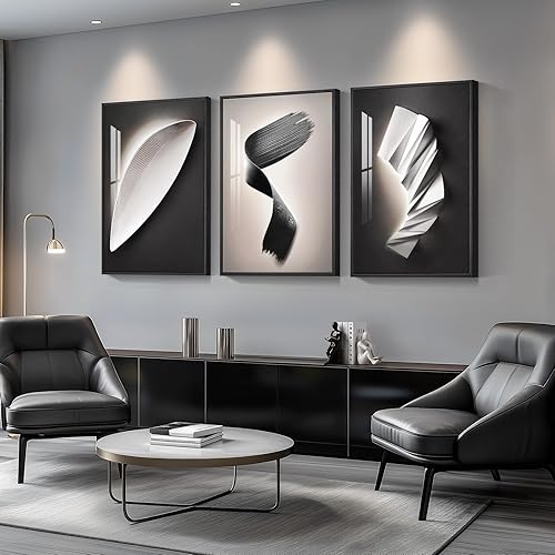 Framed Large Modern Black and White for Living Room Abstract Wall Art, Bright Style 3 Piece Wall Decor, Artwork for Walls, Paintings Pictures for Hallway, Dining, Office 24x36 Inch