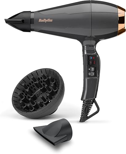 BaByliss Sèche-cheveux Air Pro avec Diffuseur - Fabriqué en Italie, Moteur Professionnel AC, Sèche-cheveux puissant 2200W, Technologie ionique Anti-Frisottis, 2 températures & 2 vitesses, Noir, 6719DE - 1
