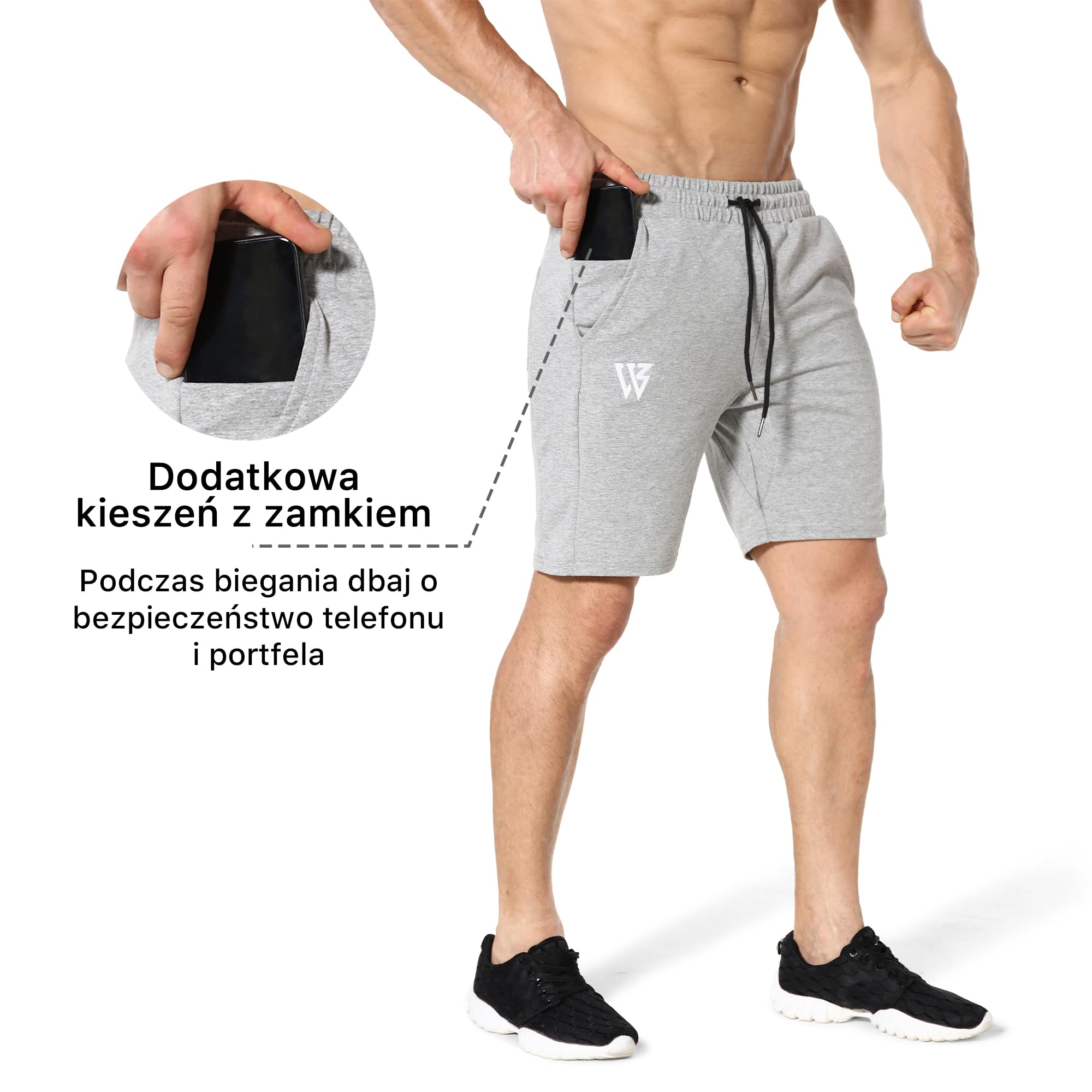 ZENWILL Spodenki męskie bawełniane do biegania, spodenki fitnessowe sportowe, spodenki treningowe przewietrzalne dla mężczyzn z kieszeniami na zamek