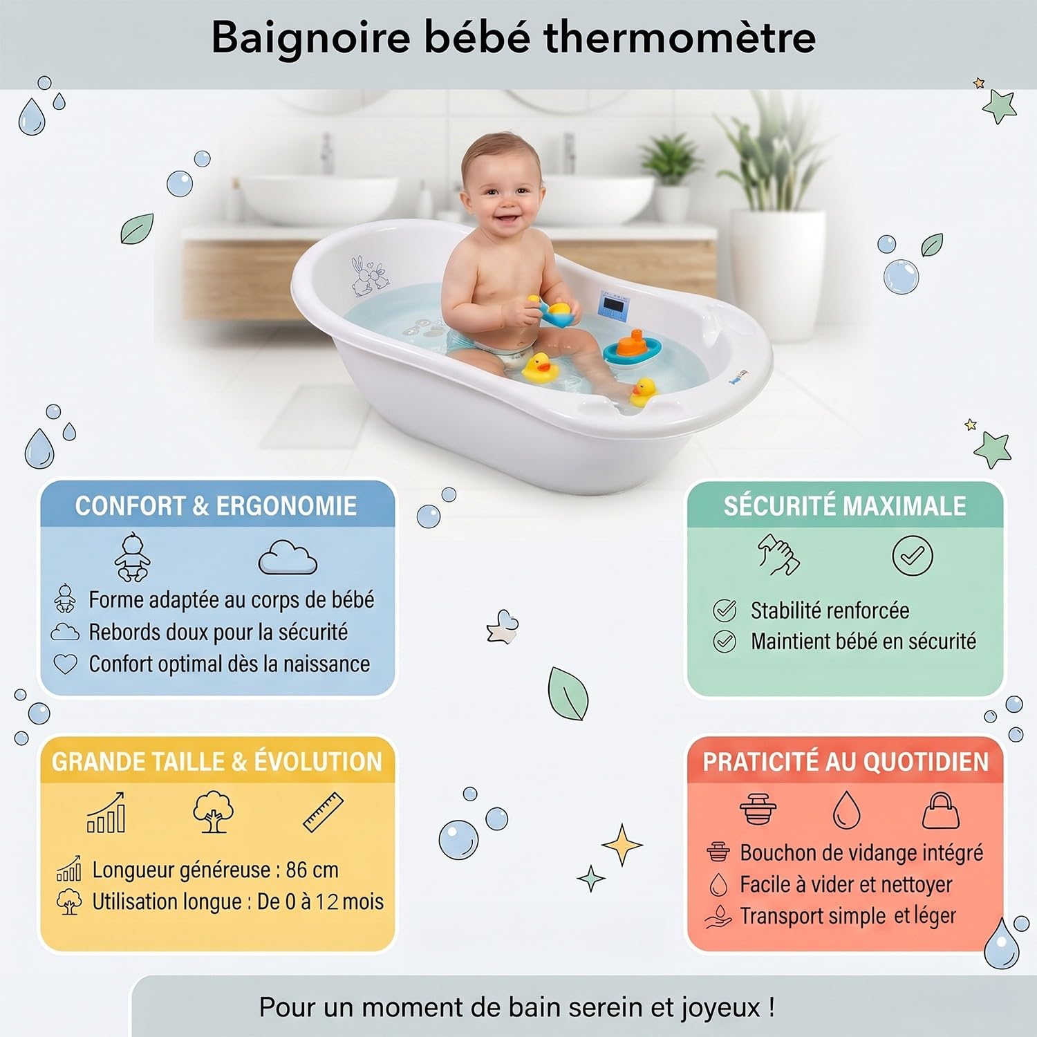 Bañera para bebé con termómetro de conejo de 86 cm + pie + manguera