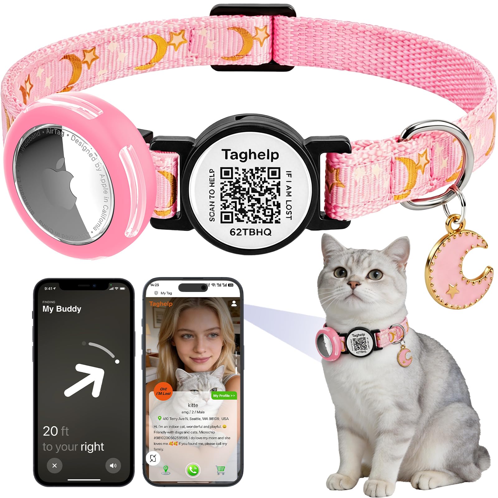 Waterproof Airtag Cat Collar, Breakaway with Stars and Moon with AirTag Holder for Apple. Solid & Safe, Pet Collar, Smart ID tag Cat Collar, Scan QR