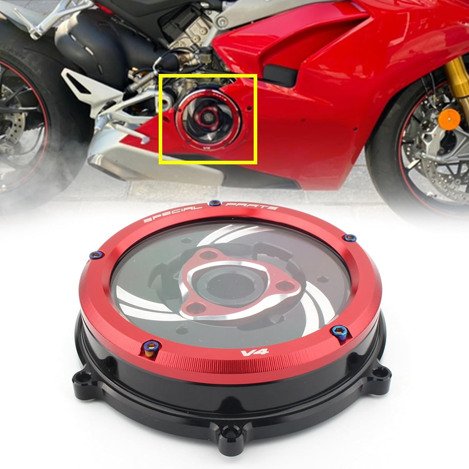 Racing Clear Clutch Cover&Spring Retainer For DUCATI PANIGALE V4, V4 S/STREETFIGHTER V4, V4 S 2019-2021 Black Base + Red Ring