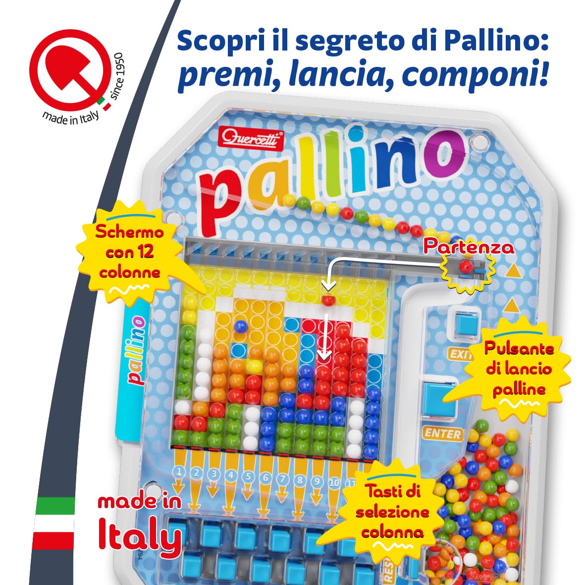Quercetti Pallino, Giochi educativi 4 anni fino ad 8, Gioco con 6 Tessere Mosaico Bambini con Palline Colorate, Stimola Logica e Coordinazione, Giochi da Tavolo Bambini, Regalo Bambina 5 Anni