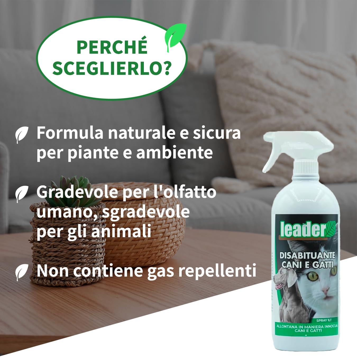 LEADER, Disabituante Spray, Repellente, Dissuasore, Allontana Cani e Gatti, Crea Barriera Olfattiva, Con Oli Essenziali ed Ingredienti Naturali, Uso per Superfici Interne ed Esterne, Formato da 1L