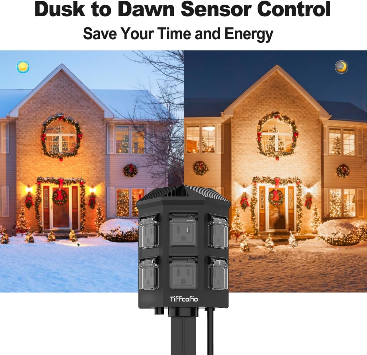 Outdoor Power Strip with 15 FT Extension Cord, 100FT Remote Control, Dusk to Dawn Light Timer Waterproof, 6 Grounded Outlets for Yard, Pool and Garden, ETL Listed