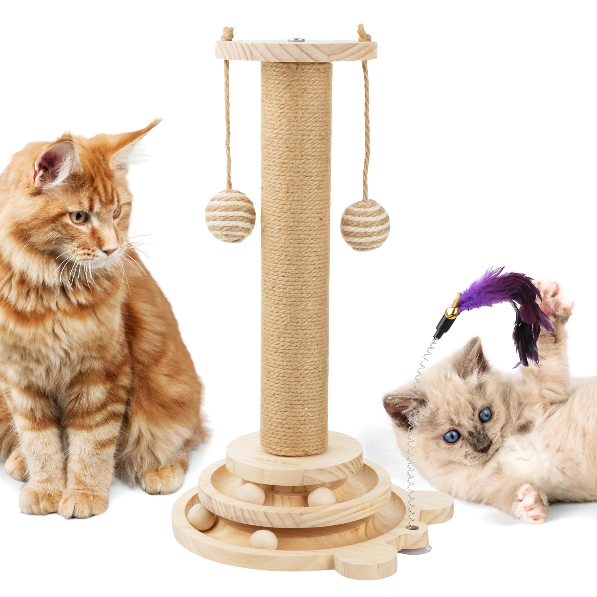 Cat Scratching Post with Natural Sisal - Sturdy Indoor Cat Scratcher for Smaller Medium Cats, Kitten Toy with Scratching Posts, Play Platform & Toys, Easy Assembly, Space-Saving Design 45cm Tall