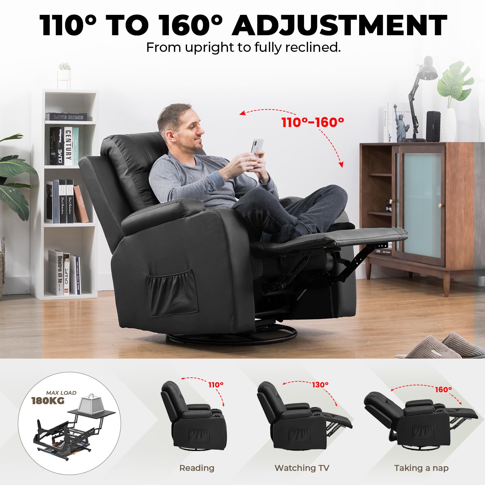GTPLAYER Sillón de Relax con Respaldo Regulable y Reposapiés, Giratorio 360° en PU, Portavasos y Bolsillos Laterales, Silla Inclinable para TV, Silla de Lectura para Dormitorio, Negro